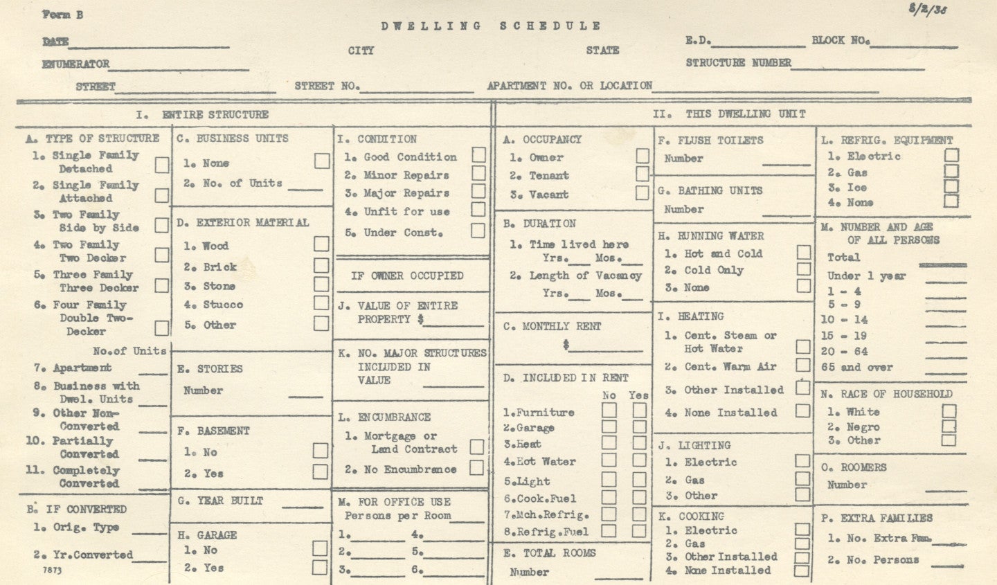"Dwelling Schedule" from 1935 TRPS from FHA/WPA