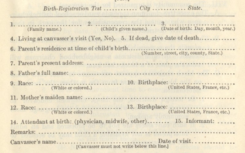 Birth-Registration Canvassing Card from the Children's Bureau