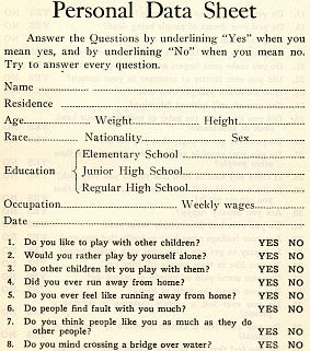 Page 1 of Woodworth's "Personal Data Sheet"
