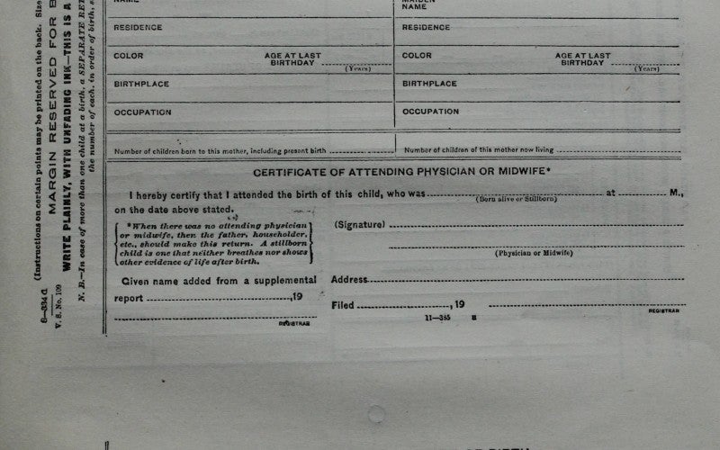 Model Standard Birth Registration Form from 1914